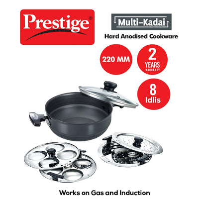 Prestige Hard Anodised Multi-Kadai with Glass Lid 220mm (Dhokla Plate, Patra Plate, Idli Plates) - 30610