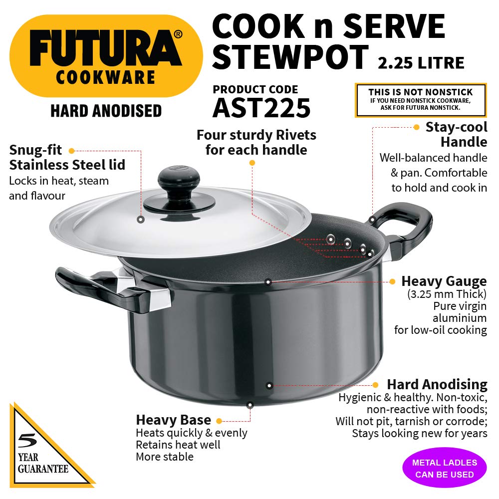 Hawkins Futura Hard anodised Cook and Serve Stew Pot | Casserole With Stainless Steel Lid 2.25 Litres | 18 cms, 3.25mm - AST 225