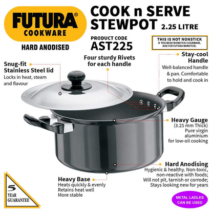 Hawkins Futura Hard anodised Cook and Serve Stew Pot | Casserole With Stainless Steel Lid 2.25 Litres | 18 cms, 3.25mm - AST 225