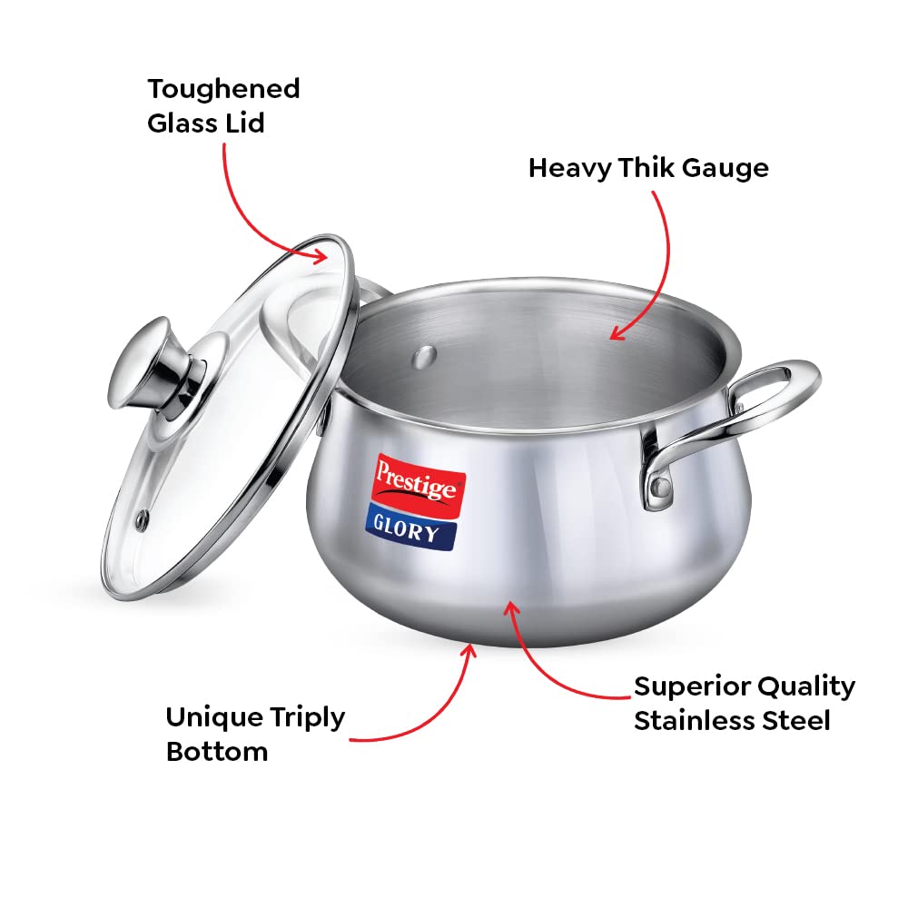 Prestige Glory Stainless Steel Handi (22cms, 5 Litres) with Glass Lid | Unique Tri-ply bottom| Oven (OTG safe) - 37524