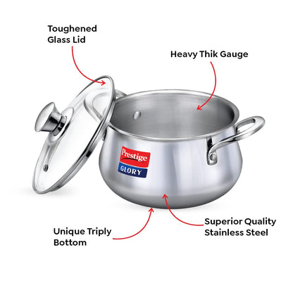 Prestige Glory Stainless Steel Handi (22cms, 5 Litres) with Glass Lid | Unique Tri-ply bottom| Oven (OTG safe) - 37524