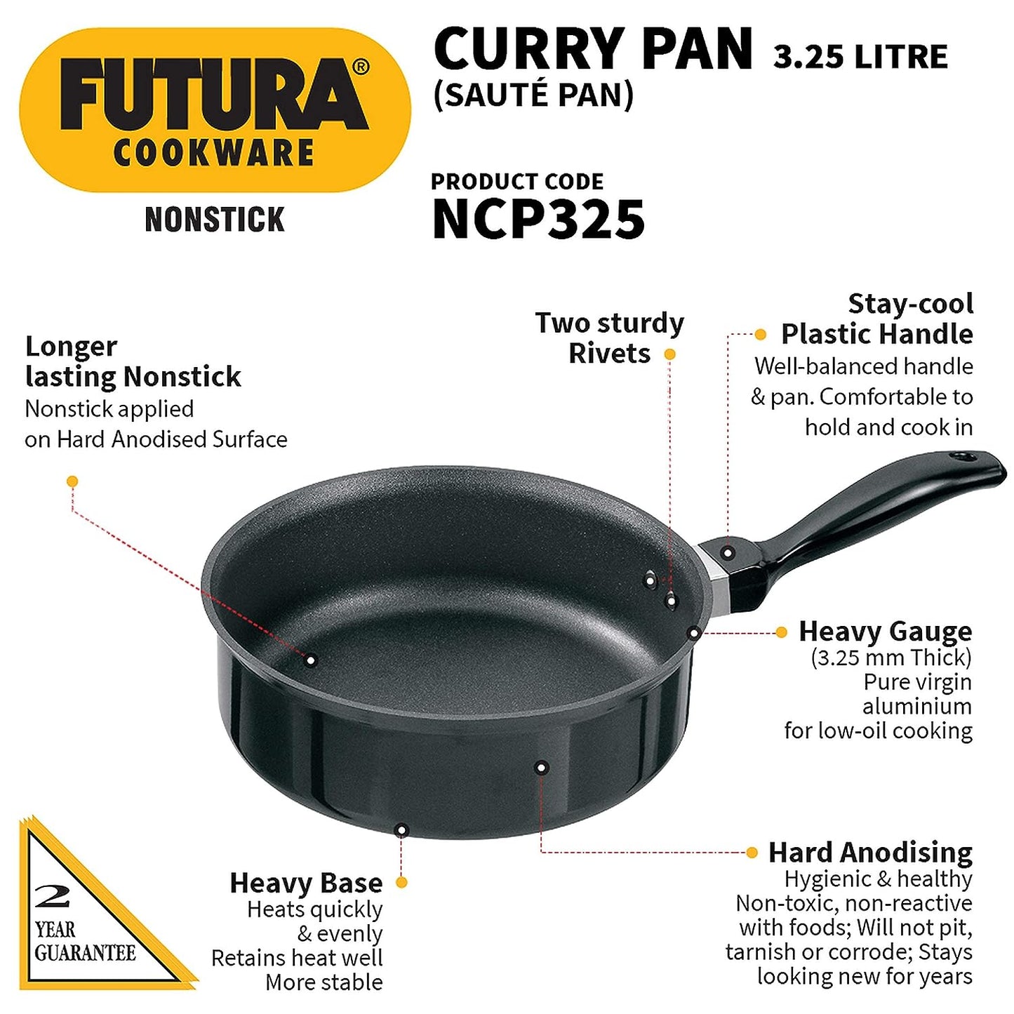 Hawkins Futura Nonstick Curry Pan (Saute Pan) 3.25 Litres | 24 cm, 3.25 mm - NCP 325