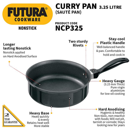 Hawkins Futura Nonstick Curry Pan (Saute Pan) 3.25 Litres | 24 cm, 3.25 mm - NCP 325