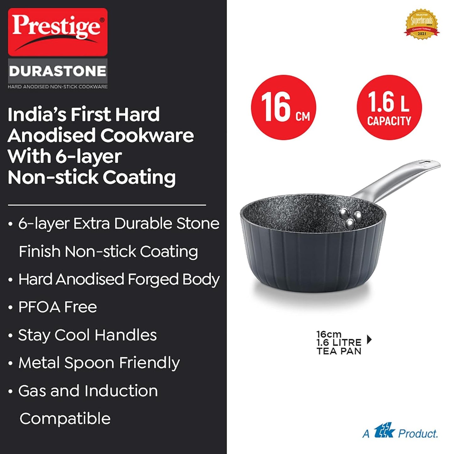 Prestige Durastone 16cm | 1.2 Litres Sauce Pan with 6 Layers Extra Durable Non-Stick Coating | Stainless Steel Stay Cool Handles | Induction Compatible - 37576