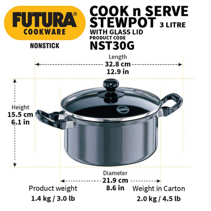 Hawkins Futura Hard anodised Cook and Serve Stew Pot | Casserole With Glass Lid 3 Litres | 20 cms, 3.25mm - NST 30G