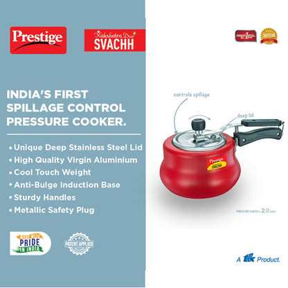 Prestige Svachh 2 Litres Nakshatra Duo Red Handi, with Deep lid for Spillage Control, Aluminium, Inner Lid - 10751