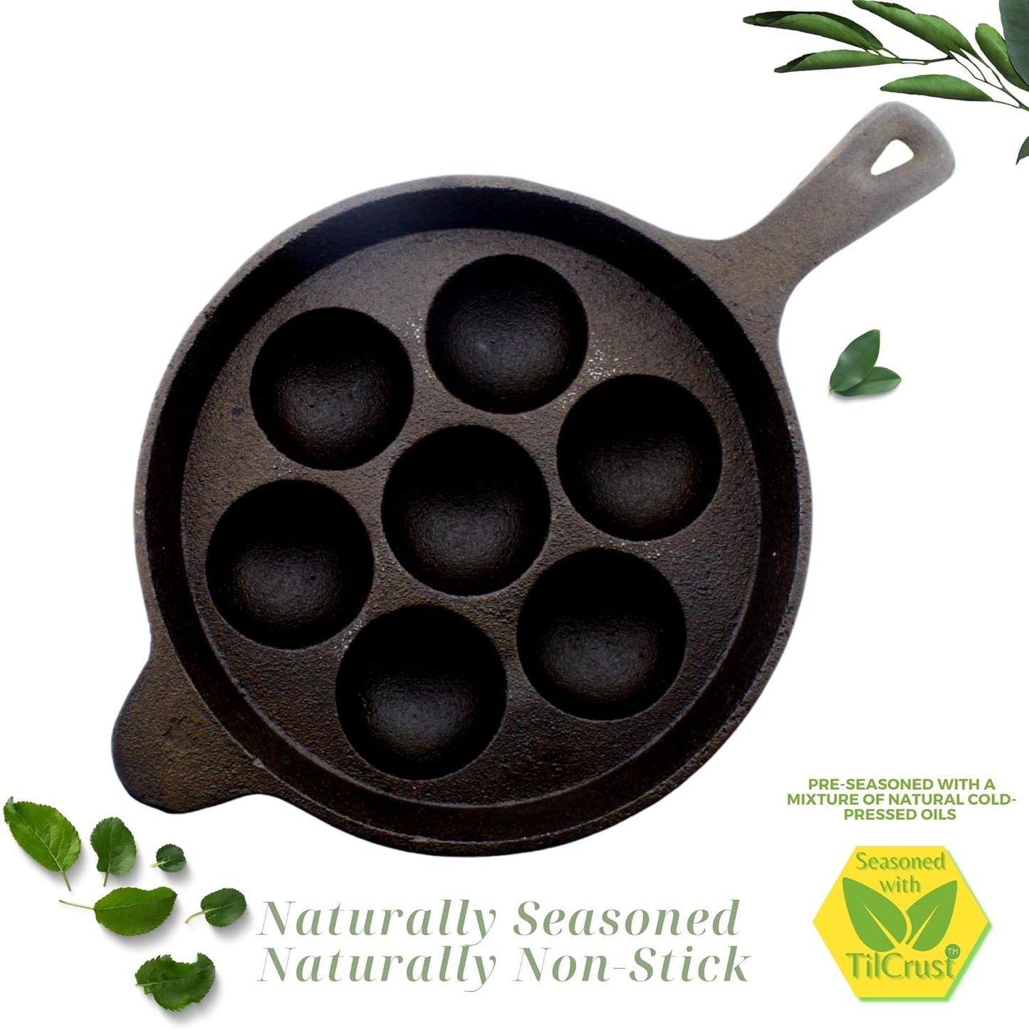 eKitchen ButterMold Pre-Seasoned Cast Iron Round 7 Pits Long Handle Paniyarakal | Paniyaram Pan | Paddu  Kallu | Chatti | Induction Compatible