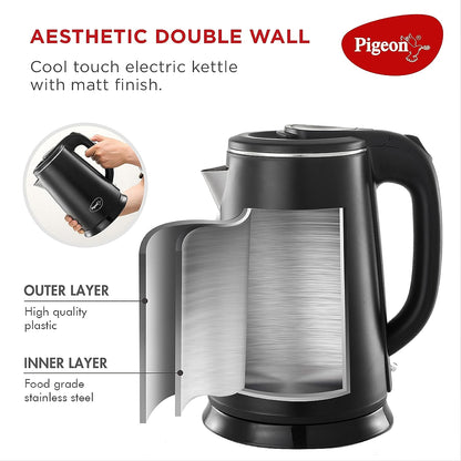 Pigeon Ebony Double Walled Cool Touch Stainless Steel Electric Kettle, 1.8 Litre, with 1500 Watt, boiler for Water, milk, tea, coffee, instant noodles, soup etc (Black) - 14762