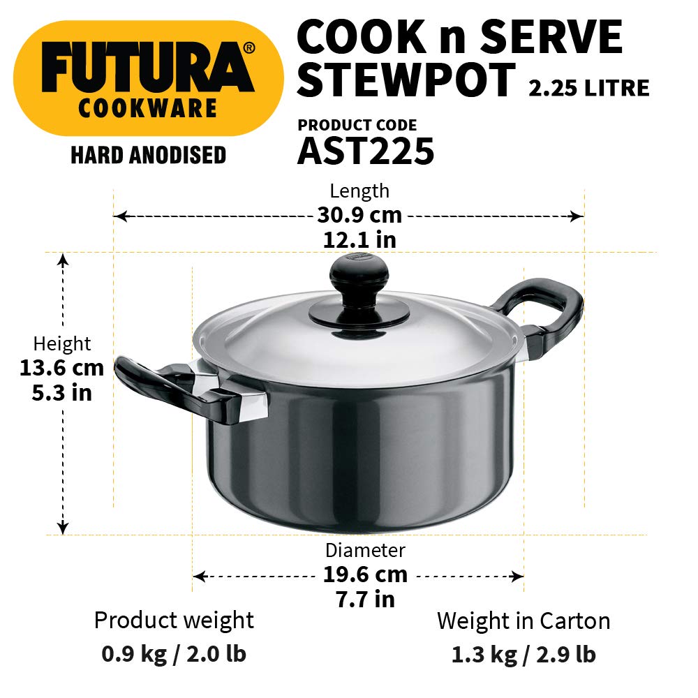 Hawkins Futura Hard anodised Cook and Serve Stew Pot | Casserole With Stainless Steel Lid 2.25 Litres | 18 cms, 3.25mm - AST 225