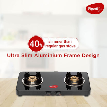 Pigeon Sleek 2 Burner Ultra Slim Gas Stove with Glass Top, Manual I?gnition - 14763