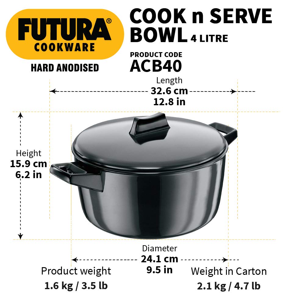 Hawkins Futura Hard anodised Cook and Serve Bowl | Casserole 4 Litres | 24 cms, 4.06mm - ACB 40