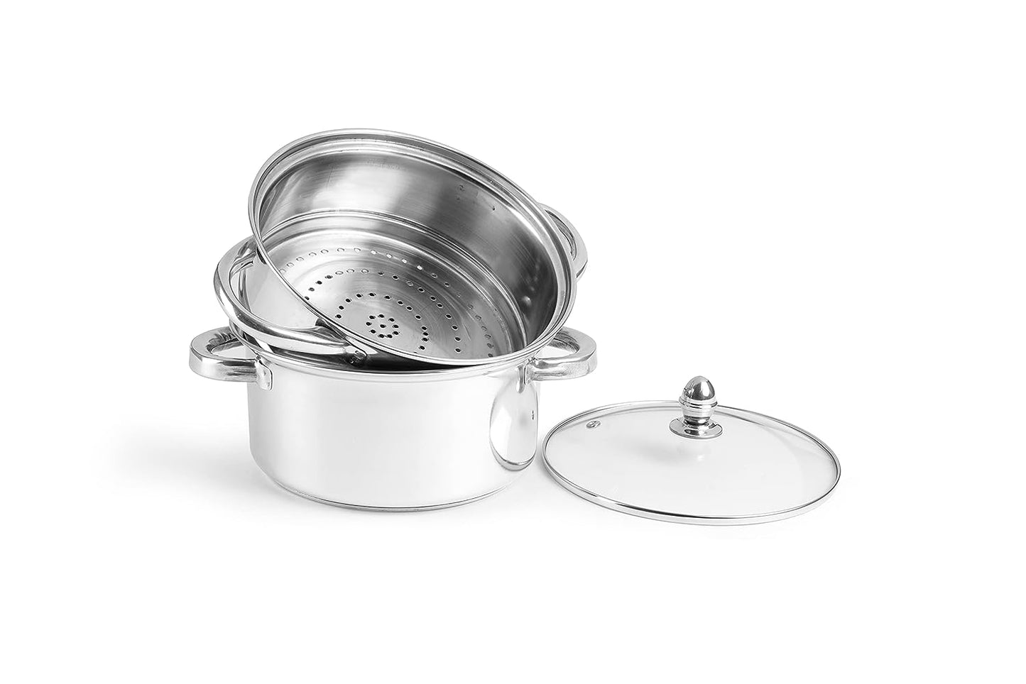 Pigeon Elantra Stainless Steel 2 Tier Steamer Pot Set with Glass Lid | Pasta Steamer Momo/Modak Maker | Vegetable Steamer | Rice Steamer 20 cm | Induction and Gas Stove Compatible - 50313