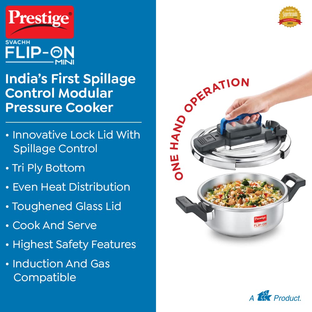 Prestige 2 Litres Svachh FLIP-ON Mini Stainless Steel Pressure Cooker with glass lid|Innovative lock lid with spillage control - 20164