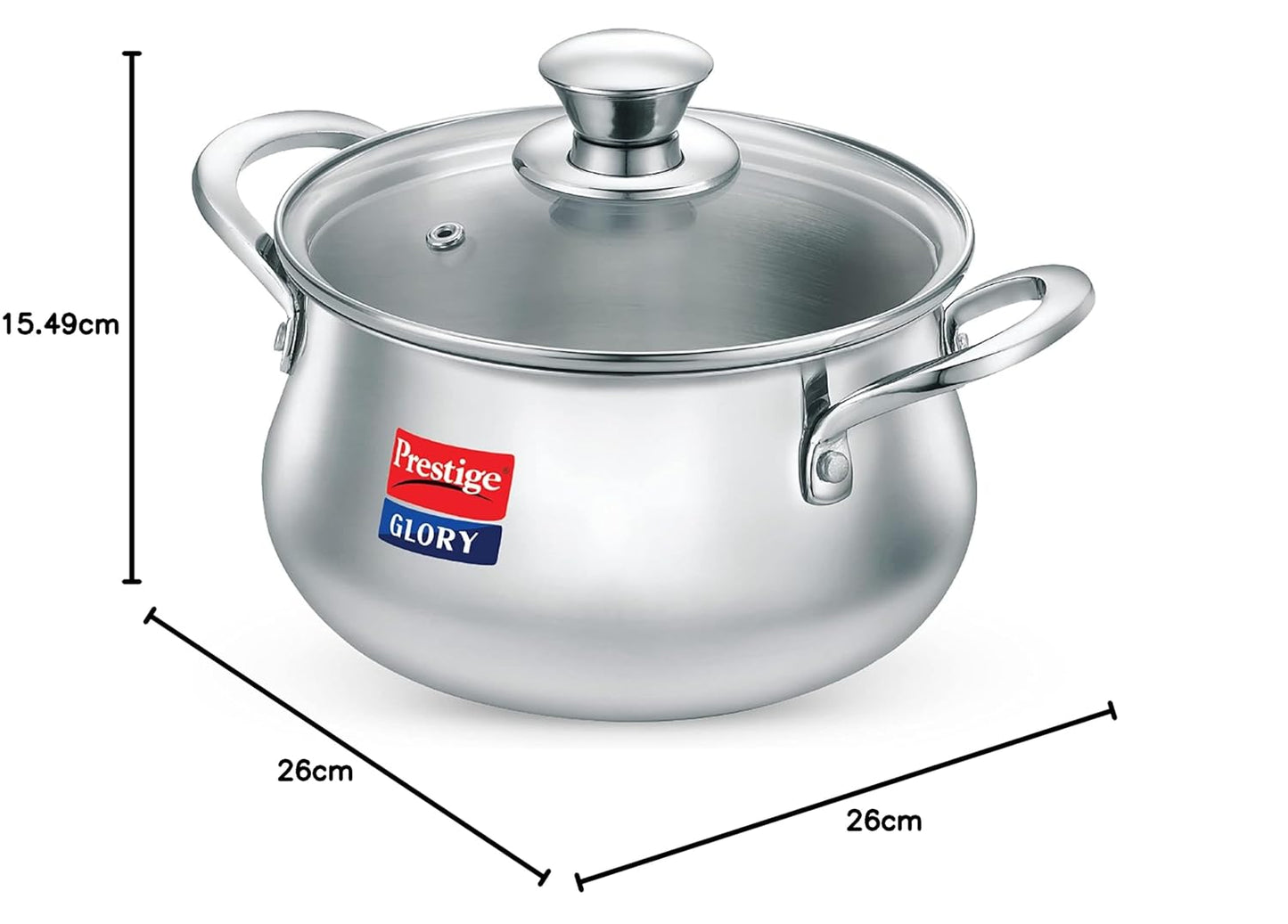 Prestige Glory Stainless Steel Handi (22cms, 5 Litres) with Glass Lid | Unique Tri-ply bottom| Oven (OTG safe) - 37524