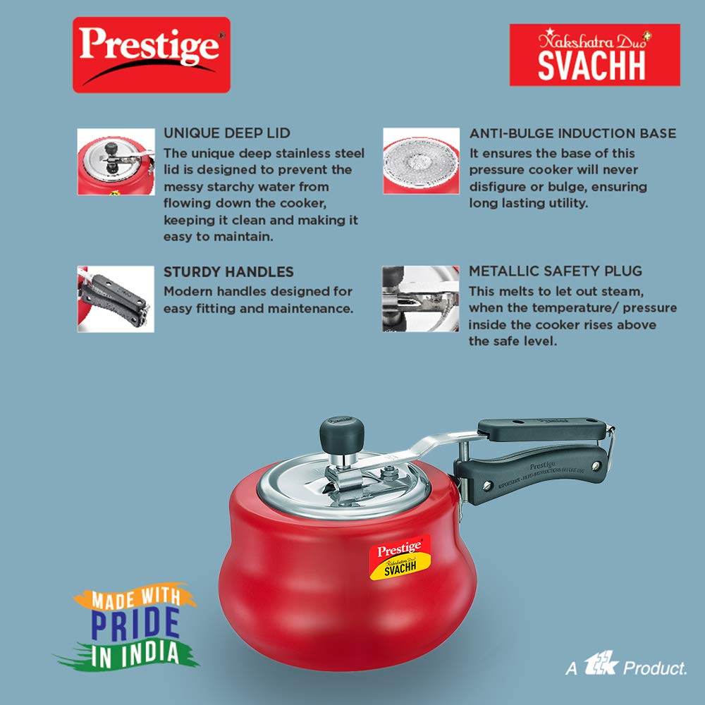 Prestige Svachh 2 Litres Nakshatra Duo Red Handi, with Deep lid for Spillage Control, Aluminium, Inner Lid - 10751