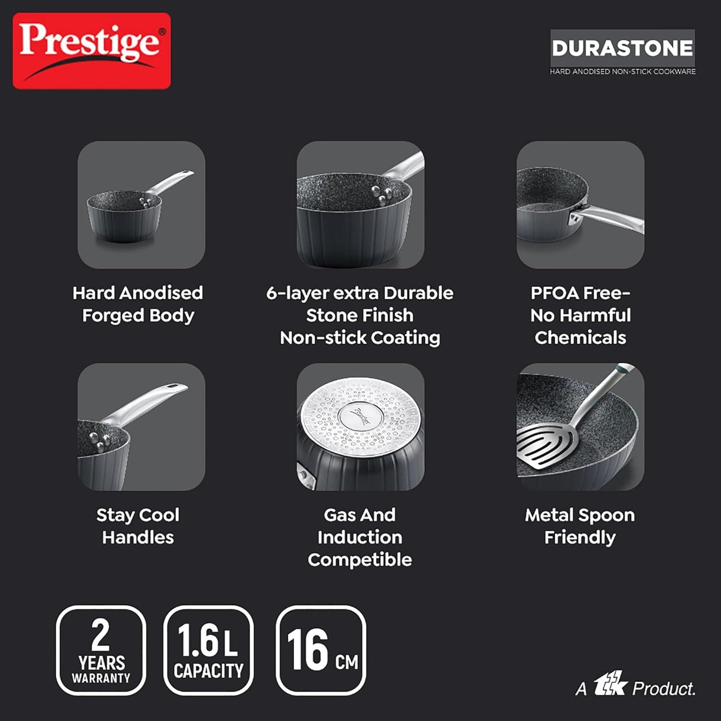 Prestige Durastone 16cm | 1.2 Litres Sauce Pan with 6 Layers Extra Durable Non-Stick Coating | Stainless Steel Stay Cool Handles | Induction Compatible - 37576