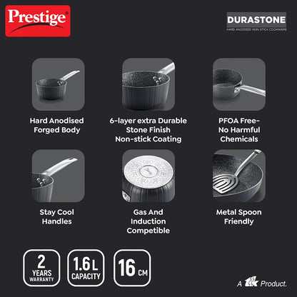 Prestige Durastone 16cm | 1.2 Litres Sauce Pan with 6 Layers Extra Durable Non-Stick Coating | Stainless Steel Stay Cool Handles | Induction Compatible - 37576