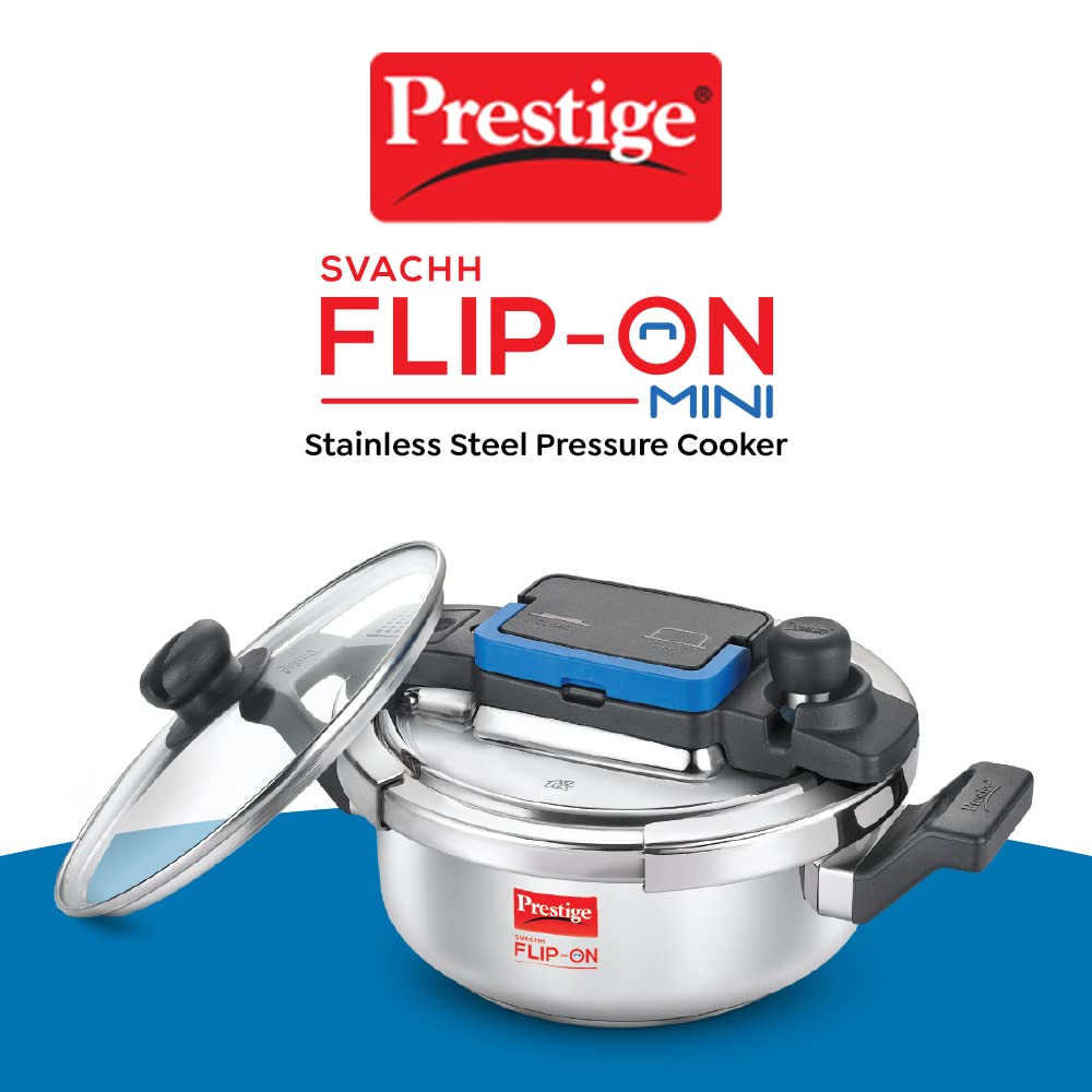 Prestige 2 Litres Svachh FLIP-ON Mini Stainless Steel Pressure Cooker with glass lid|Innovative lock lid with spillage control - 20164