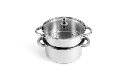 Pigeon Elantra Stainless Steel 2 Tier Steamer Pot Set with Glass Lid | Pasta Steamer Momo/Modak Maker | Vegetable Steamer | Rice Steamer 20 cm | Induction and Gas Stove Compatible - 50313