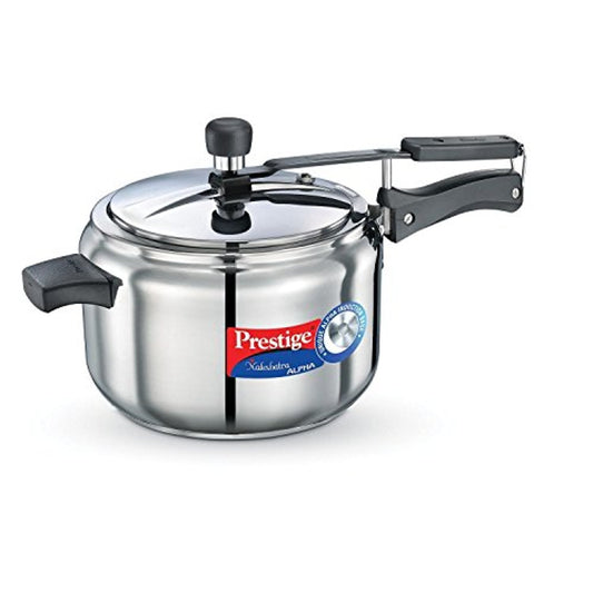 Prestige 5 Litres Nakshatra Alpha Induction Base Inner Lid Stainless Steel Pressure Cooker |Silver | Metallic Safety Plug | Durable Handles | Pressure Regulator - 20552