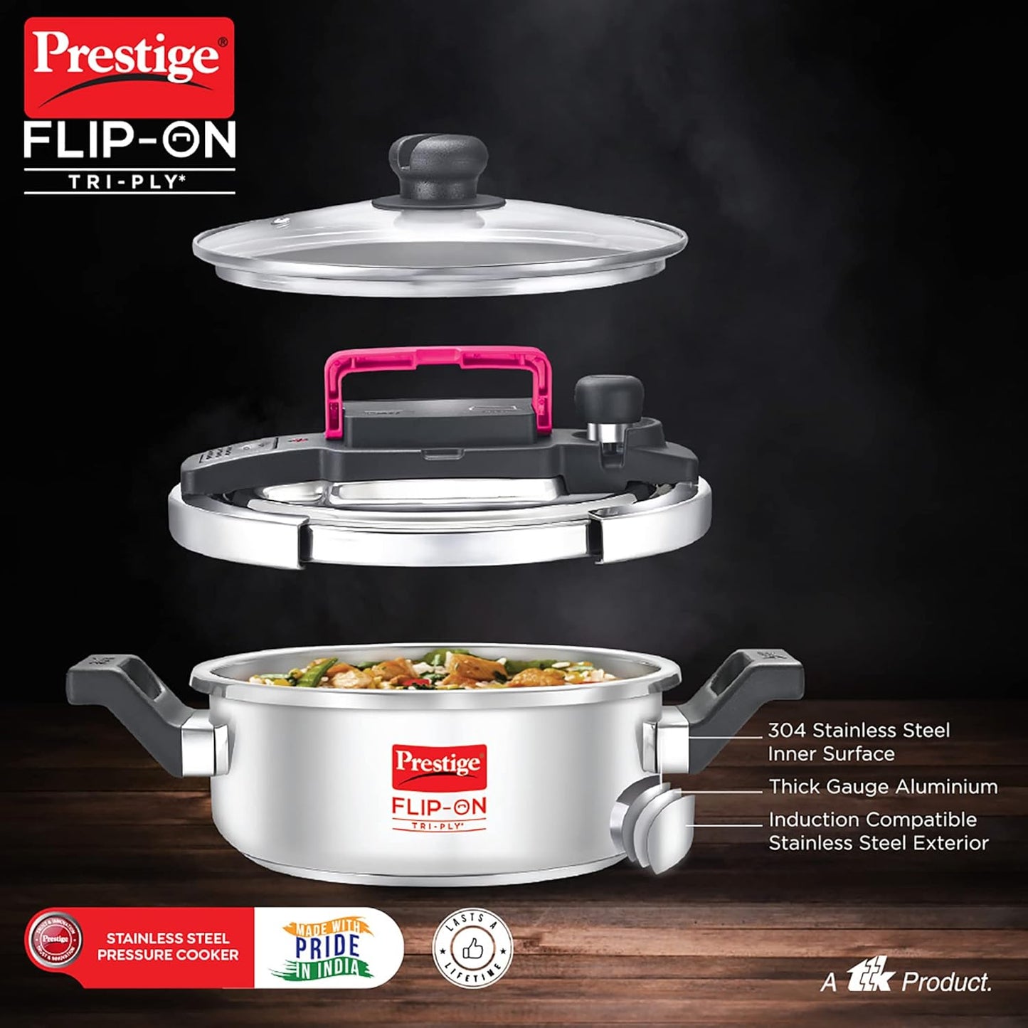 Prestige FLIP-ON TRI-PLY Stainless Steel Pressure Cooker with Glass Lid 22cm(3L, Silver and Black, Innovative Lock Lid with Spillage Control) - 20708