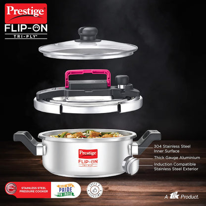 Prestige FLIP-ON TRI-PLY Stainless Steel Pressure Cooker with Glass Lid 18cm | 2 Litres - 20710