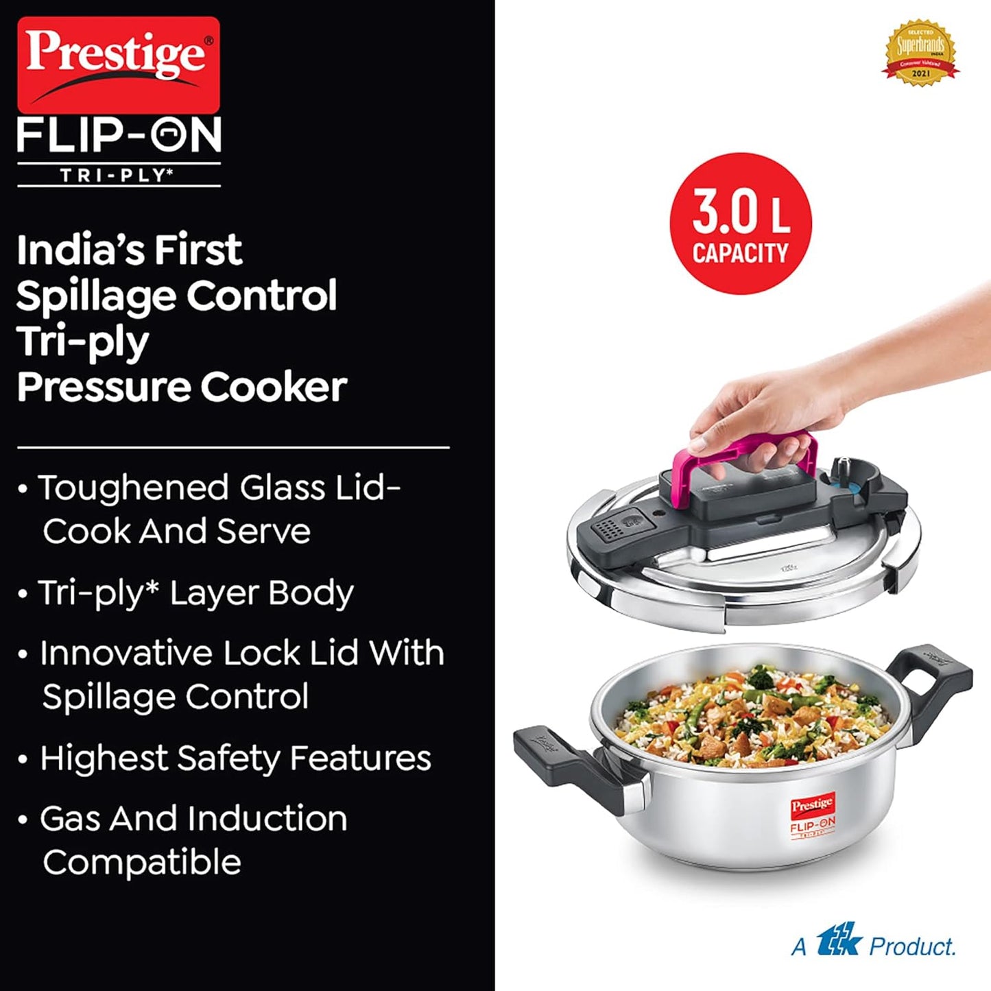 Prestige FLIP-ON TRI-PLY Stainless Steel Pressure Cooker with Glass Lid 22cm(3L, Silver and Black, Innovative Lock Lid with Spillage Control) - 20708