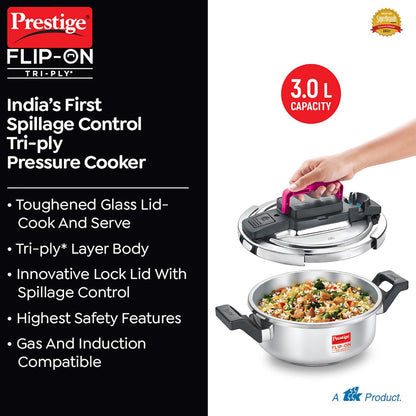 Prestige FLIP-ON TRI-PLY Stainless Steel Pressure Cooker with Glass Lid 22cm(3L, Silver and Black, Innovative Lock Lid with Spillage Control) - 20708