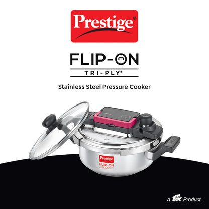 Prestige FLIP-ON TRI-PLY Stainless Steel Pressure Cooker with Glass Lid 22cm(3L, Silver and Black, Innovative Lock Lid with Spillage Control) - 20708