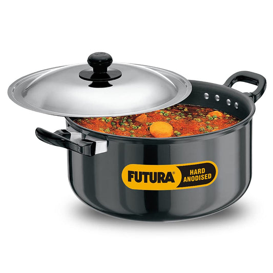 Hawkins Futura Hard anodised Cook and Serve Stew Pot | Casserole With Stainless Steel Lid 5 Litres | 24 cms, 4.06mm - AST 50