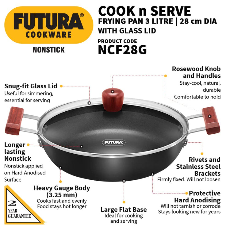 Hawkins Futura Non-Stick Cook and Serve Frying Pan With Glass Lid 3 Litres | 28cms - NCF 28G