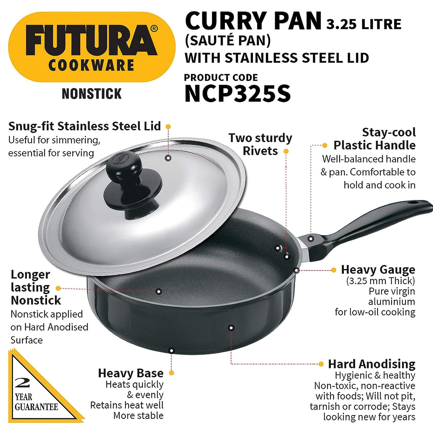 Hawkins Futura Nonstick Curry Pan (Saute Pan) With Stainless Steel Lid 3.25 Litres | 24 cm, 3.25 mm - NCP 325S