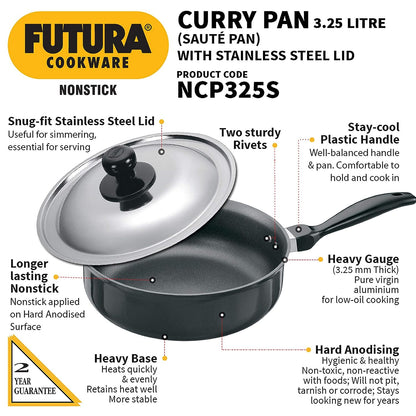 Hawkins Futura Nonstick Curry Pan (Saute Pan) With Stainless Steel Lid 3.25 Litres | 24 cm, 3.25 mm - NCP 325S