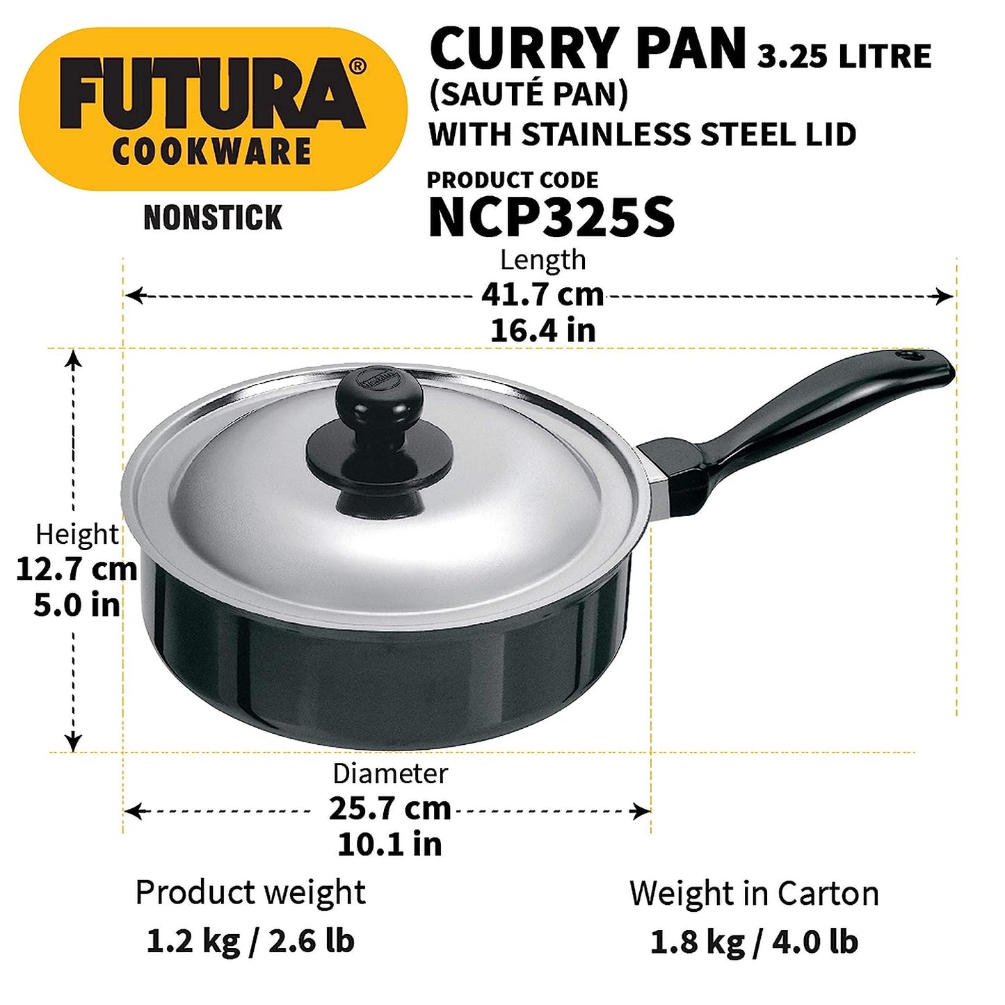 Hawkins Futura Nonstick Curry Pan (Saute Pan) With Stainless Steel Lid 3.25 Litres | 24 cm, 3.25 mm - NCP 325S