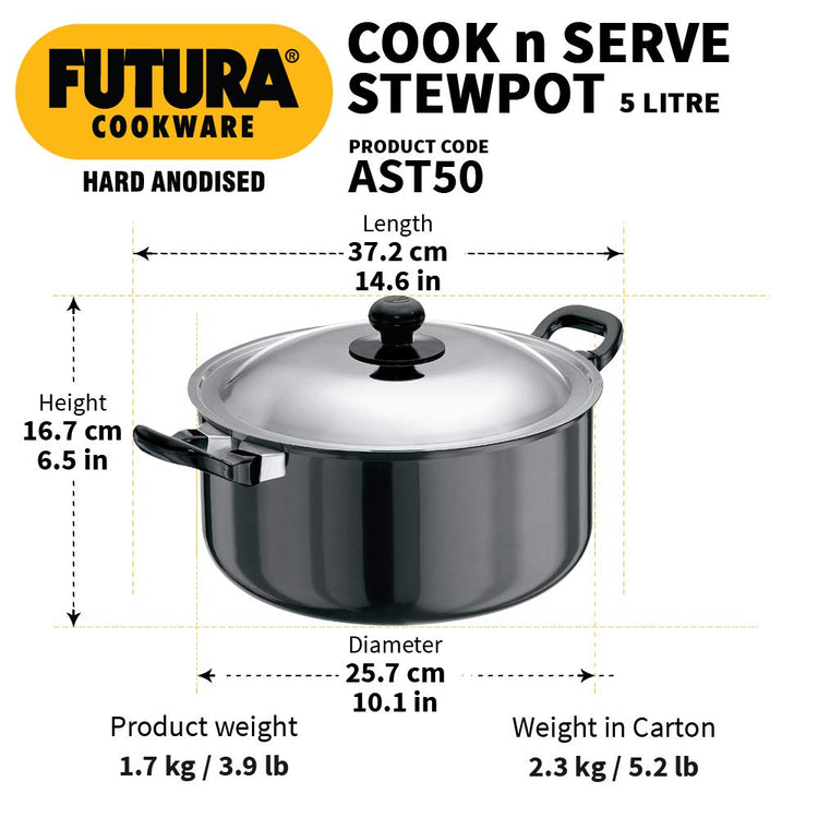 Hawkins Futura Hard anodised Cook and Serve Stew Pot | Casserole With Stainless Steel Lid 5 Litres | 24 cms, 4.06mm - AST 50