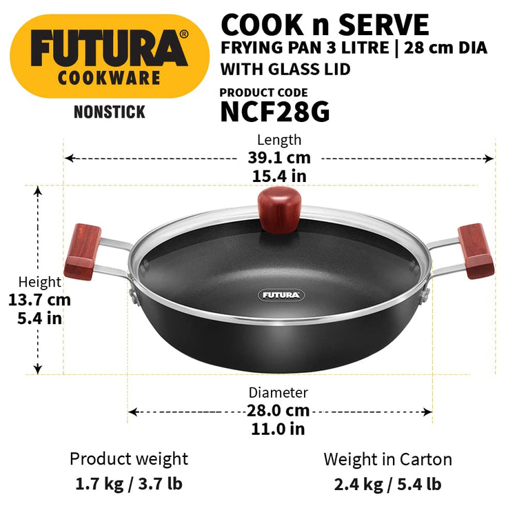 Hawkins Futura Non-Stick Cook and Serve Frying Pan With Glass Lid 3 Litres | 28cms - NCF 28G