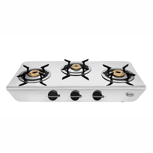 Preethi Stylo Steel Slim 3 burner Stainless Steel Gas Stove, Manual Ignition - SSGS011