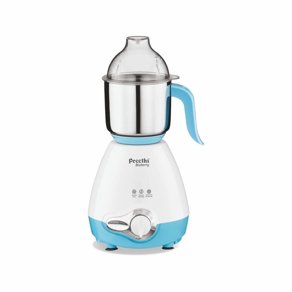 Preethi Blueberry Mixer Grinder 750 watt | 3 jars with 1 Storage Air-Tight Container (White/Sky Blue) - MG 209