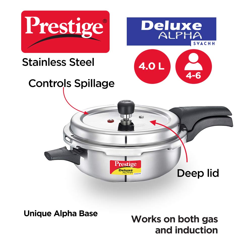 Prestige Svachh Deluxe Alpha 4 Litres, Senior Pressure Pan, with Deep Lid for Spillage Control, Outer Lid Stainless Steel - 20256