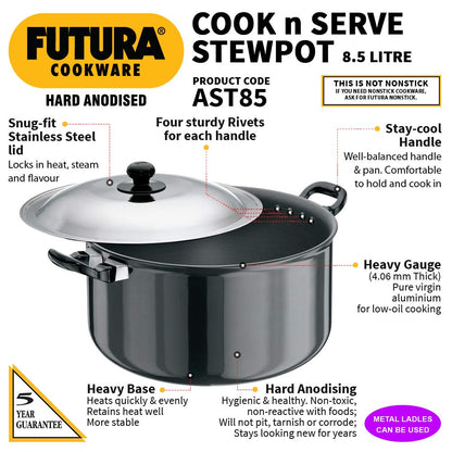 Hawkins Futura Hard anodised Cook and Serve Stew Pot | Casserole With Stainless Steel Lid 8.5 Litres | 28 cms, 4.06mm - AST 85