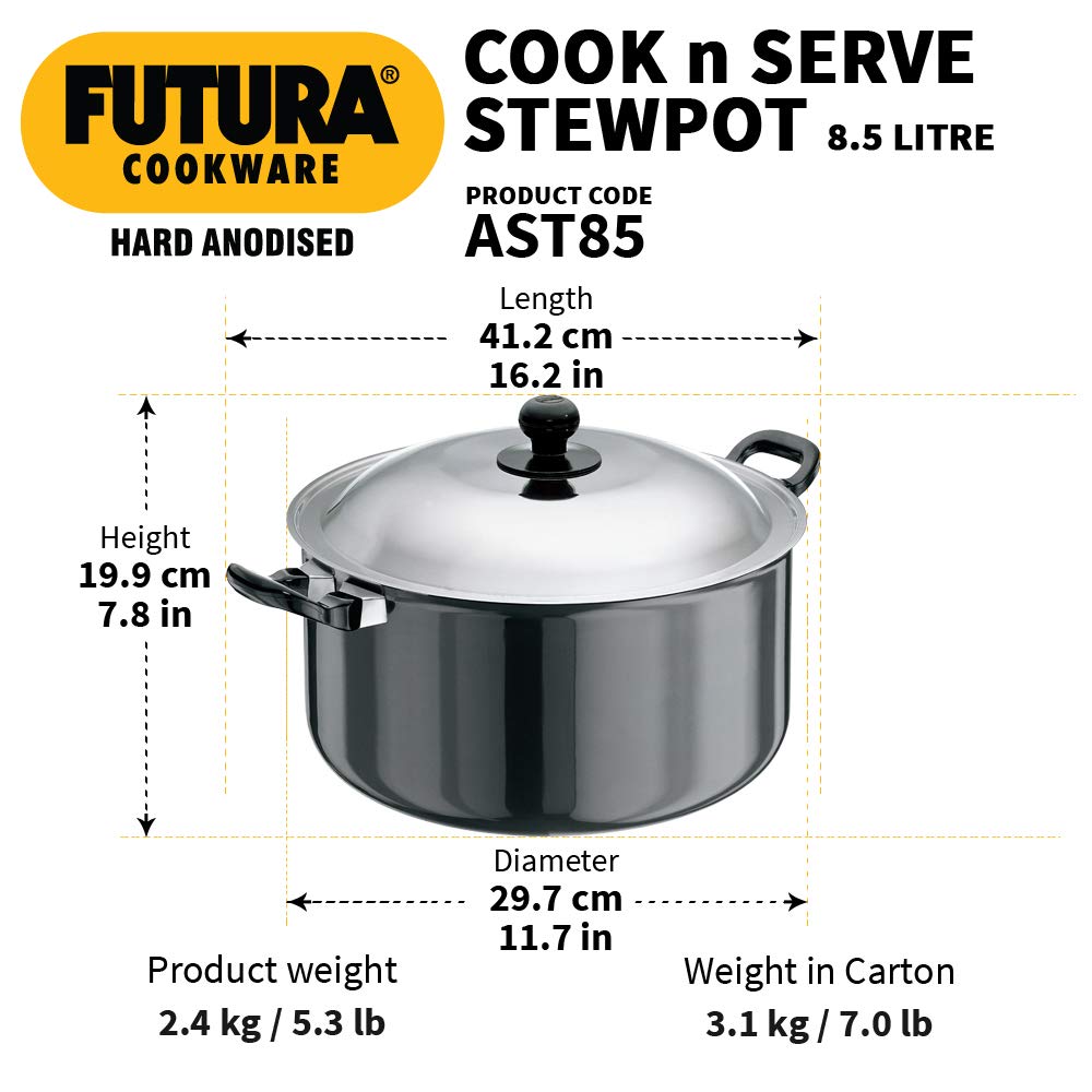 Hawkins Futura Hard anodised Cook and Serve Stew Pot | Casserole With Stainless Steel Lid 8.5 Litres | 28 cms, 4.06mm - AST 85