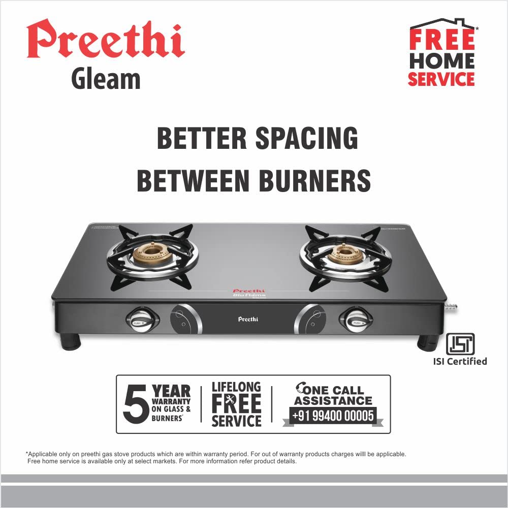 Preethi Blue Flame Gleam 2 Burner Glass Top Gas Stove - GTGS002