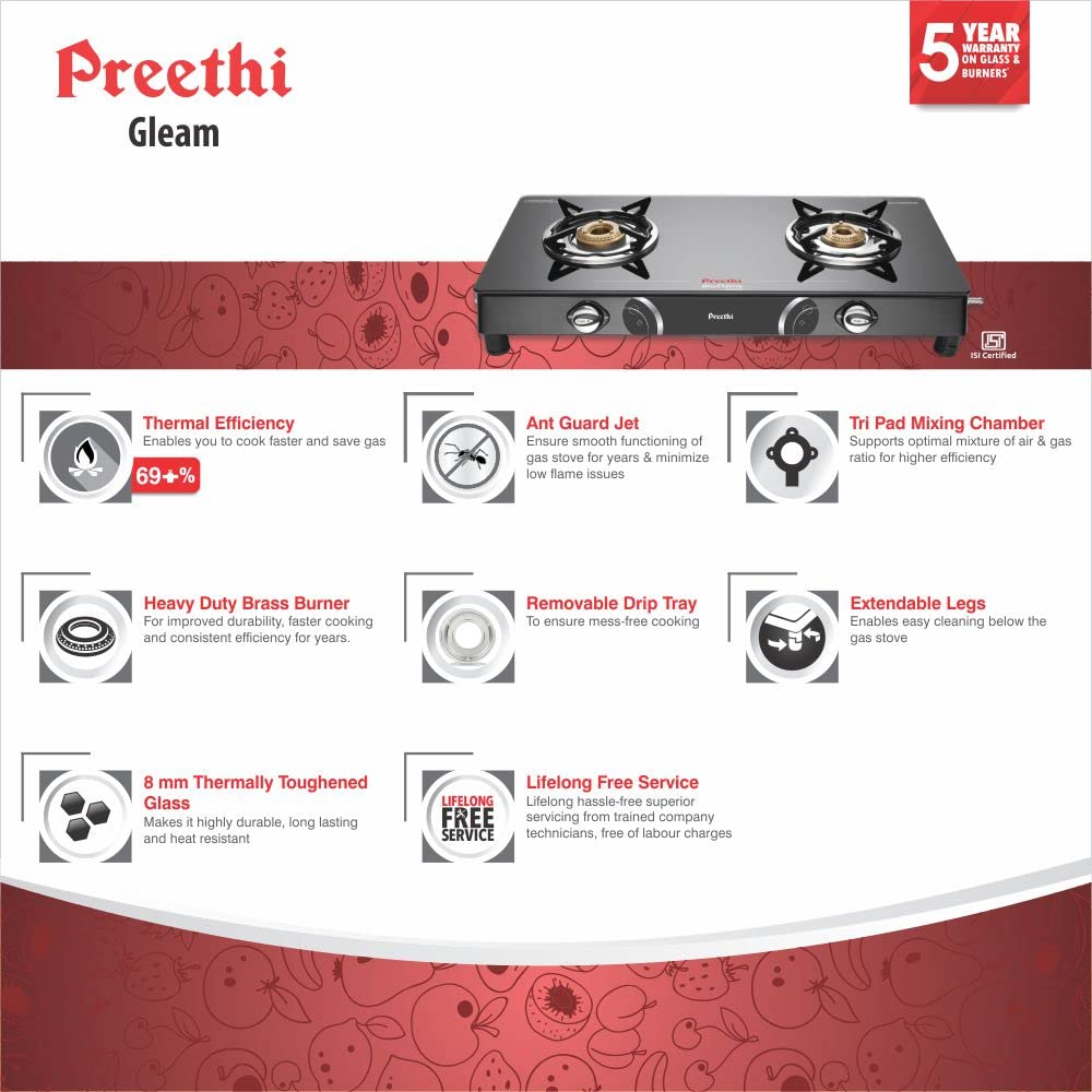 Preethi Blue Flame Gleam 2 Burner Glass Top Gas Stove - GTGS002