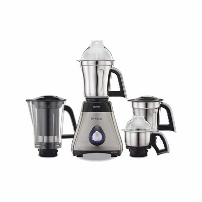 Preethi Steele Supreme MG-208 mixer grinder, 750 watt (Silver/ Black), 4 jars - Super Extractor juicer Jar, Vega W5 motor with 5yr Warranty, Lifelong Free Service