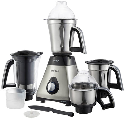 Preethi Steele Supreme MG-208 mixer grinder, 750 watt (Silver/ Black), 4 jars - Super Extractor juicer Jar, Vega W5 motor with 5yr Warranty, Lifelong Free Service