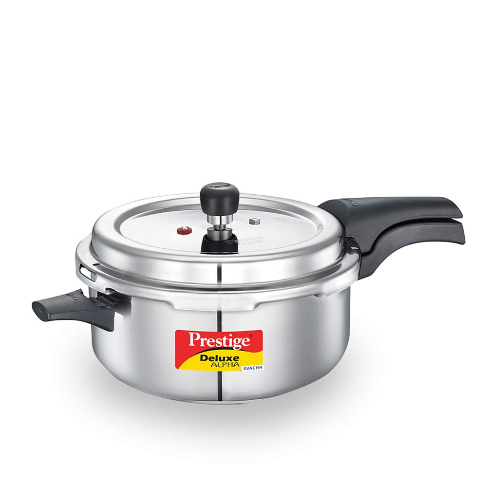 Prestige Svachh Deluxe Alpha 5 Litres Deep Pressure Pan, with Deep Lid for Spillage Control, Stainless Steel, Outer Lid - 20255