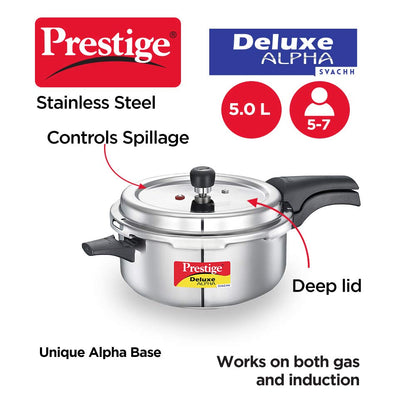 Prestige Svachh Deluxe Alpha 5 Litres Deep Pressure Pan, with Deep Lid for Spillage Control, Stainless Steel, Outer Lid - 20255