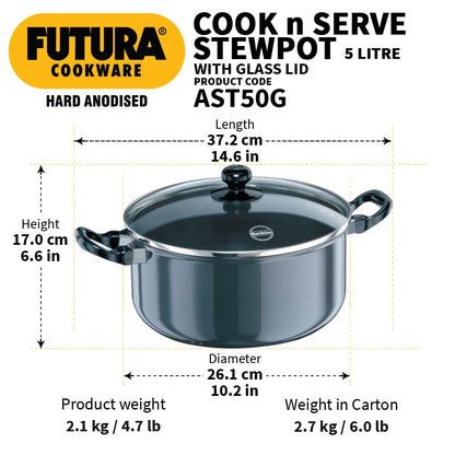 Hawkins Futura Hard anodised Cook and Serve Stew Pot | Casserole With Stainless Steel Lid 5 Litres | 24 cms, 4.06mm - AST 50G