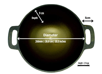 eKitchen ButterMold Pre-Seasoned Cast Iron Deep Kadhai | Wok 10.5 inches | 2.74 kgs | with Toughened Glass Lid