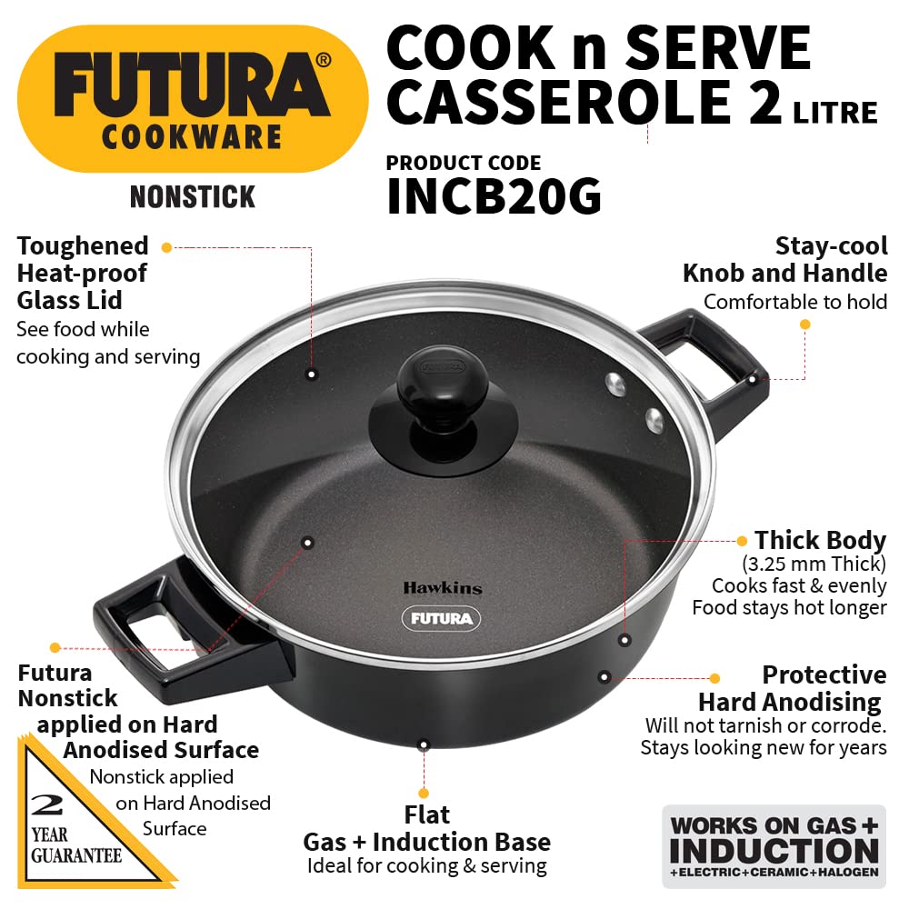 Hawkins Futura Hard anodised Cook and Serve Casserole With Glass Lid 2 Litres | 22 cms, 3.25mm | Induction Base - INCB 20G